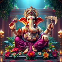 An artistic representation of Lord Ganesha, the elephant-headed deity, depicted in a vibrant and majestic manner