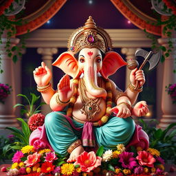 An artistic representation of Lord Ganesha, the elephant-headed deity, depicted in a vibrant and majestic manner