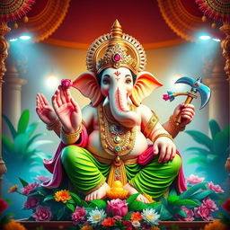 An artistic representation of Lord Ganesha, the elephant-headed deity, depicted in a vibrant and majestic manner