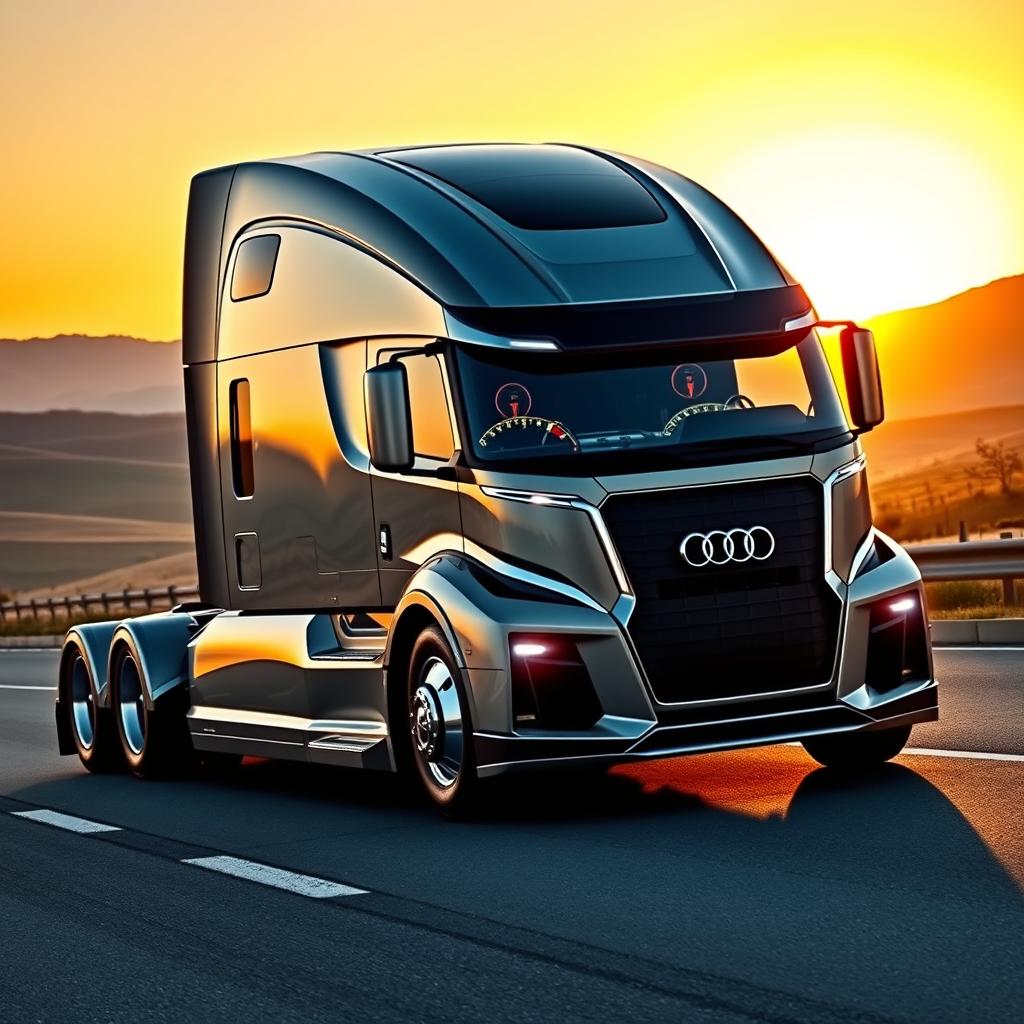 A striking semi-truck designed with Audi's signature aesthetic, featuring a sleek, aerodynamic body with the iconic Audi grille and logo