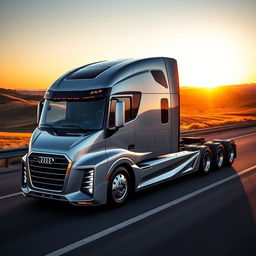A striking semi-truck designed with Audi's signature aesthetic, featuring a sleek, aerodynamic body with the iconic Audi grille and logo