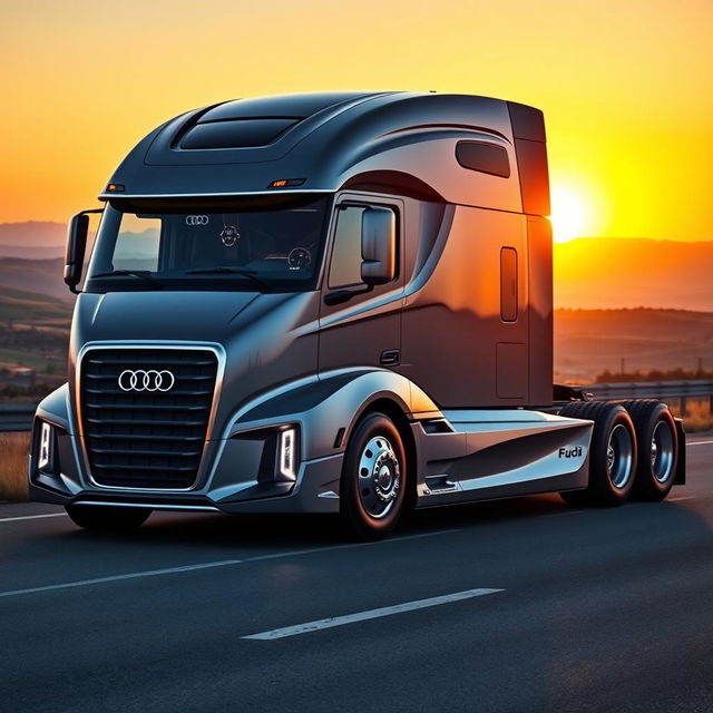 A striking semi-truck designed with Audi's signature aesthetic, featuring a sleek, aerodynamic body with the iconic Audi grille and logo