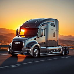 A striking semi-truck designed with Audi's signature aesthetic, featuring a sleek, aerodynamic body with the iconic Audi grille and logo