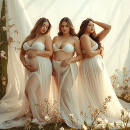A stunning artistic representation of serene feminine beauty, featuring full-bodied women posing gracefully in a soft, natural setting