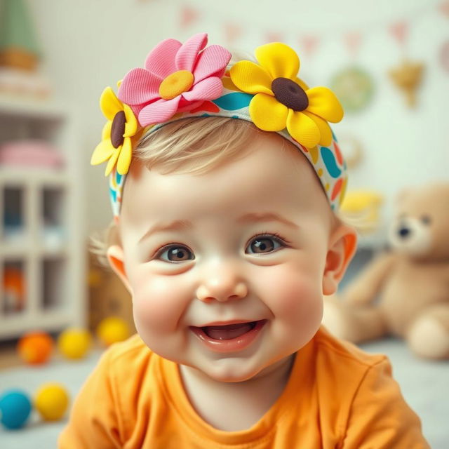 A cute baby wearing a colorful hair band, smiling joyfully