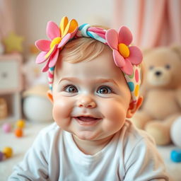 A cute baby wearing a colorful hair band, smiling joyfully