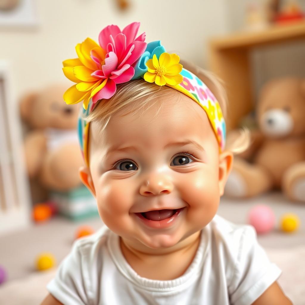 A cute baby wearing a colorful hair band, smiling joyfully