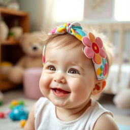 A cute baby wearing a colorful hair band, smiling joyfully