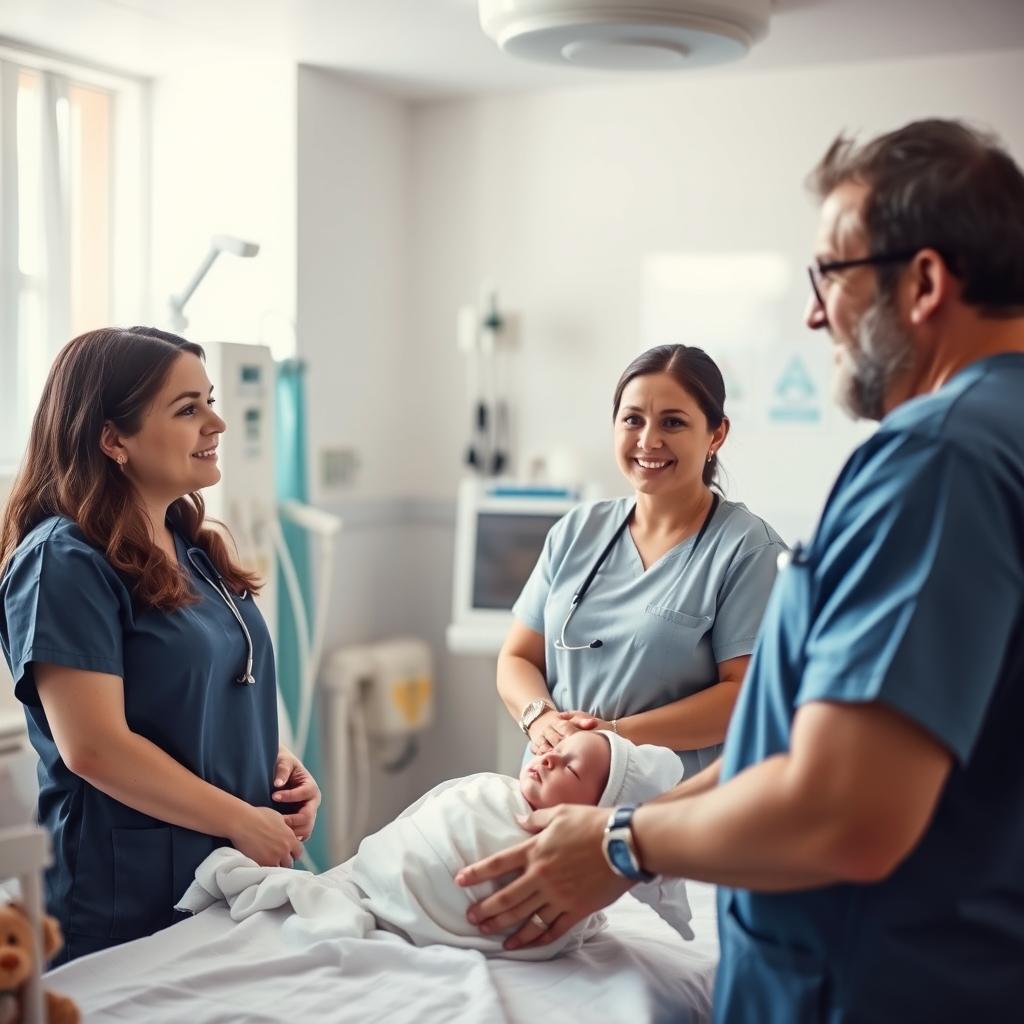 An attentive nurse in a bright, clean hospital environment, engaging in a compassionate conversation with the worried, loving parents of a newborn baby