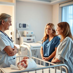 An attentive nurse in a bright, clean hospital environment, engaging in a compassionate conversation with the worried, loving parents of a newborn baby