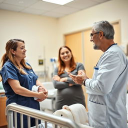 An attentive nurse in a bright, clean hospital environment, engaging in a compassionate conversation with the worried, loving parents of a newborn baby