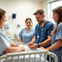 An attentive nurse in a bright, clean hospital environment, engaging in a compassionate conversation with the worried, loving parents of a newborn baby