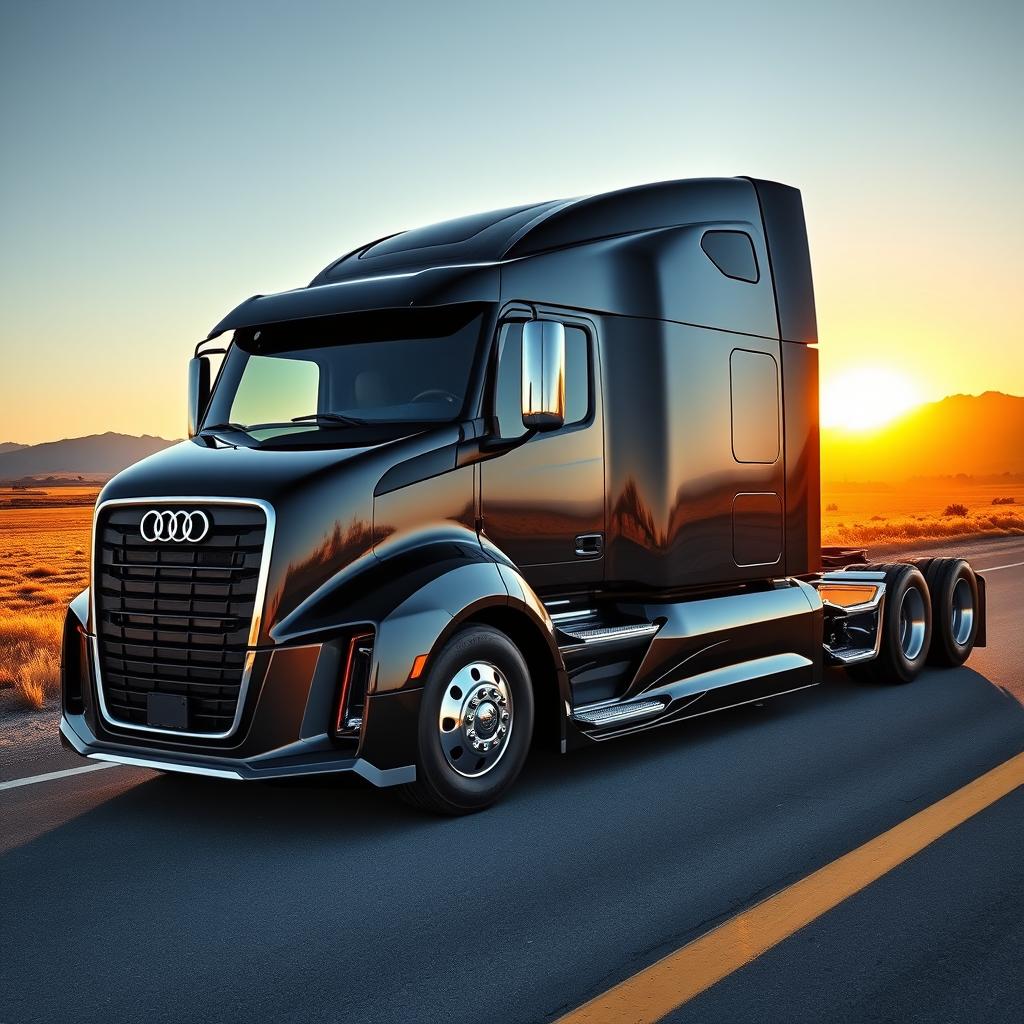 A visually stunning semi-truck inspired by Audi's design philosophy, showcasing a high-performance vehicle with a streamlined, modern silhouette