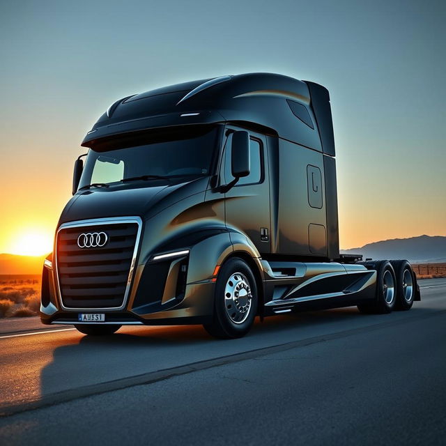 A visually stunning semi-truck inspired by Audi's design philosophy, showcasing a high-performance vehicle with a streamlined, modern silhouette