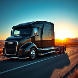 A visually stunning semi-truck inspired by Audi's design philosophy, showcasing a high-performance vehicle with a streamlined, modern silhouette
