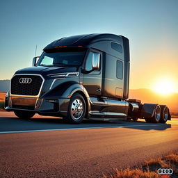 A visually stunning semi-truck inspired by Audi's design philosophy, showcasing a high-performance vehicle with a streamlined, modern silhouette