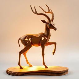 A creatively designed wooden gazelle sculpture, featuring intricate carvings and unique shapes