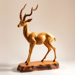 A creatively designed wooden gazelle sculpture, featuring intricate carvings and unique shapes