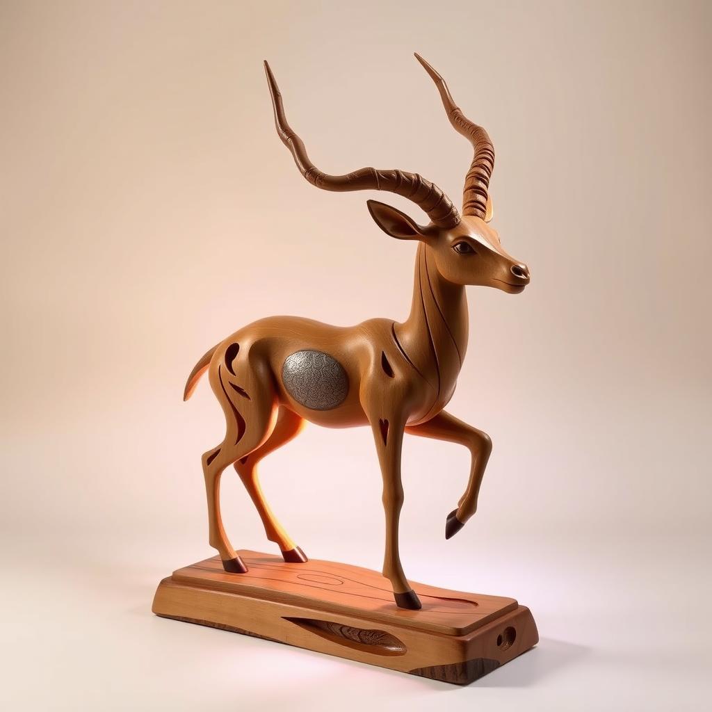A creatively designed wooden gazelle sculpture, featuring intricate carvings and unique shapes