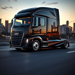 A modern and impressive semi-truck embodying Audi's characteristic design elements, featuring a streamlined and sophisticated exterior