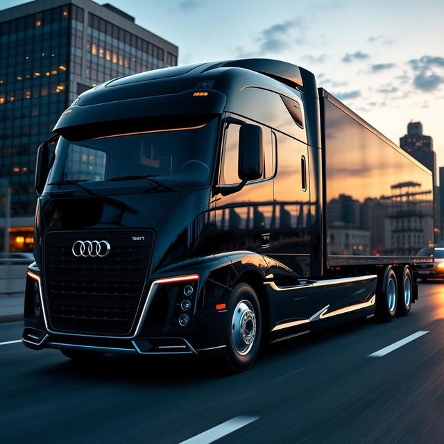 A modern and impressive semi-truck embodying Audi's characteristic design elements, featuring a streamlined and sophisticated exterior