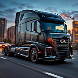 A modern and impressive semi-truck embodying Audi's characteristic design elements, featuring a streamlined and sophisticated exterior
