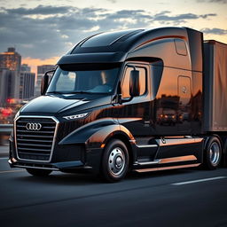 A modern and impressive semi-truck embodying Audi's characteristic design elements, featuring a streamlined and sophisticated exterior