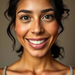 A portrait of an attractive woman with a medium skin tone, resembling a wheat or tan complexion, featuring a small forehead and a mouth that is neither large nor small