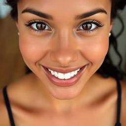 A portrait of an attractive woman with a medium skin tone, resembling a wheat or tan complexion, featuring a small forehead and a mouth that is neither large nor small