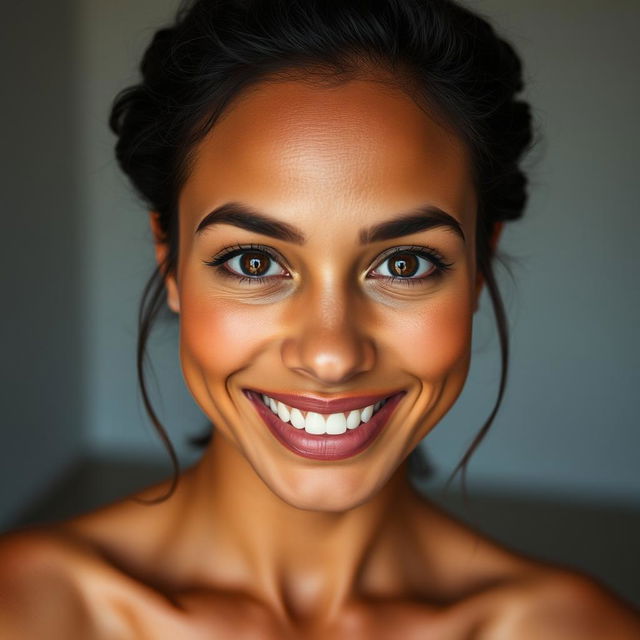 A portrait of an attractive woman with a medium skin tone, resembling a wheat or tan complexion, featuring a small forehead and a mouth that is neither large nor small