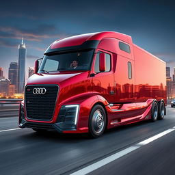A futuristic semi-truck representing Audi's design language, characterized by sleek, sharp lines and a bold, aggressive front end featuring the iconic Audi grille