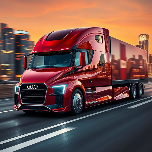 A futuristic semi-truck representing Audi's design language, characterized by sleek, sharp lines and a bold, aggressive front end featuring the iconic Audi grille