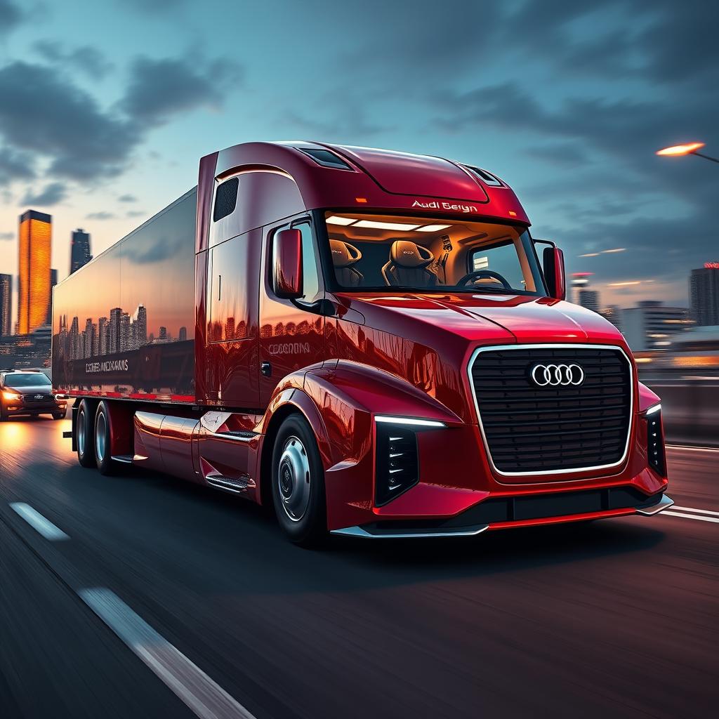 A futuristic semi-truck representing Audi's design language, characterized by sleek, sharp lines and a bold, aggressive front end featuring the iconic Audi grille