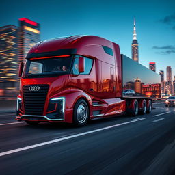 A futuristic semi-truck representing Audi's design language, characterized by sleek, sharp lines and a bold, aggressive front end featuring the iconic Audi grille