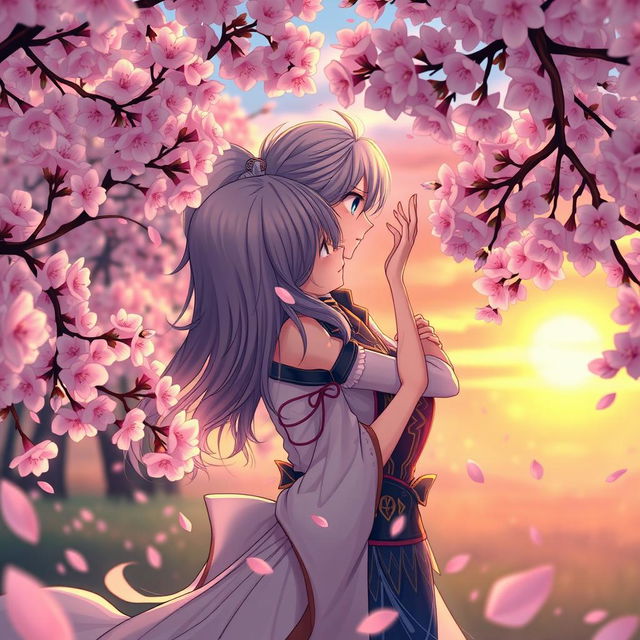 A beautifully styled anime scene featuring a couple in a romantic embrace, surrounded by cherry blossoms in full bloom