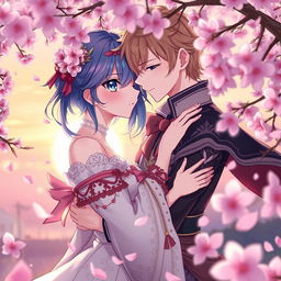 A beautifully styled anime scene featuring a couple in a romantic embrace, surrounded by cherry blossoms in full bloom