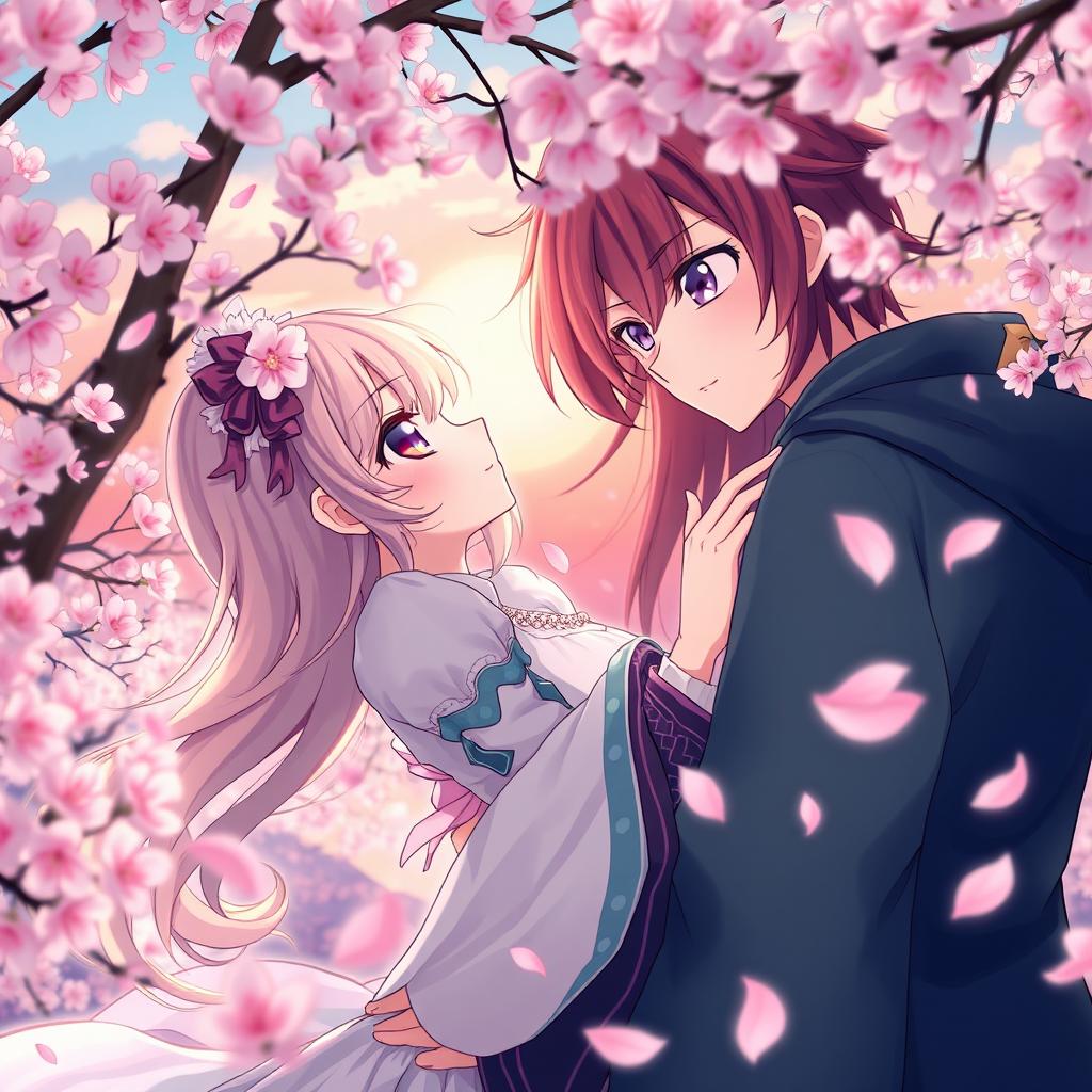 A beautifully styled anime scene featuring a couple in a romantic embrace, surrounded by cherry blossoms in full bloom