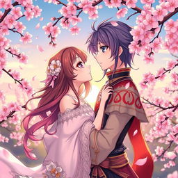 A beautifully styled anime scene featuring a couple in a romantic embrace, surrounded by cherry blossoms in full bloom