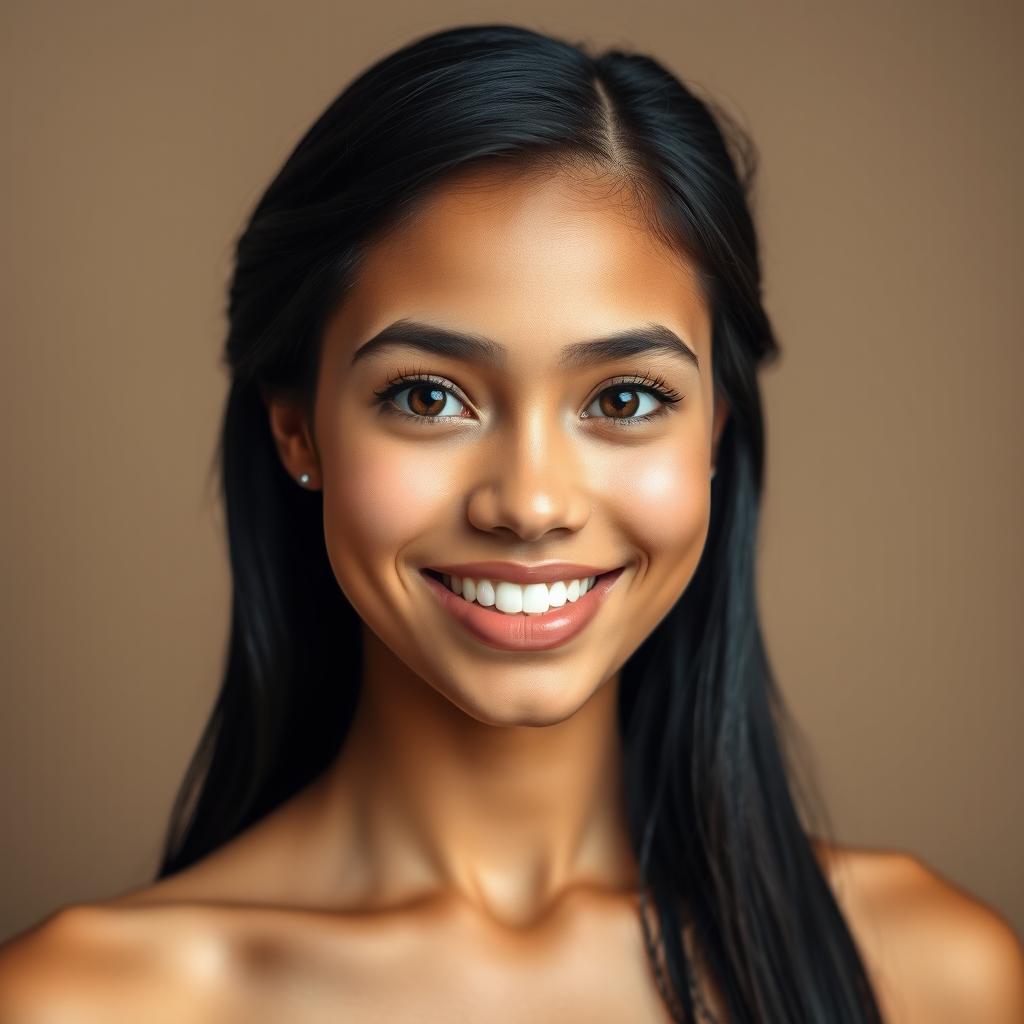 A portrait of a person with wheat-colored skin, small forehead, medium-sized mouth, and a captivating smile