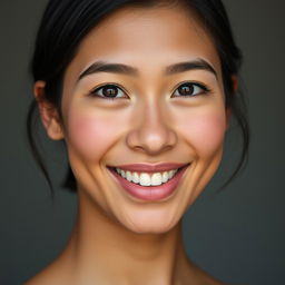 A portrait of a person with wheat-colored skin, small forehead, medium-sized mouth, and a captivating smile