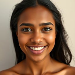 A portrait of a person with wheat-colored skin, small forehead, medium-sized mouth, and a captivating smile