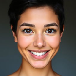 A portrait of a person with wheat-colored skin, small forehead, medium-sized mouth, and a captivating smile