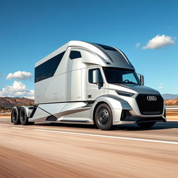 An innovative and eye-catching semi-truck designed with Audi's aesthetic, featuring sharp angles and a sleek, aerodynamic body
