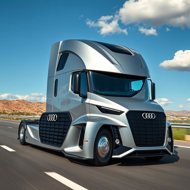 An innovative and eye-catching semi-truck designed with Audi's aesthetic, featuring sharp angles and a sleek, aerodynamic body