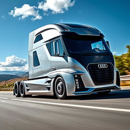 An innovative and eye-catching semi-truck designed with Audi's aesthetic, featuring sharp angles and a sleek, aerodynamic body