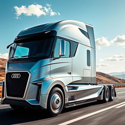 An innovative and eye-catching semi-truck designed with Audi's aesthetic, featuring sharp angles and a sleek, aerodynamic body