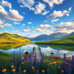 An artistic representation of a serene landscape, featuring rolling hills covered in lush green grass, a clear blue sky scattered with fluffy white clouds, and a tranquil lake reflecting the scenery