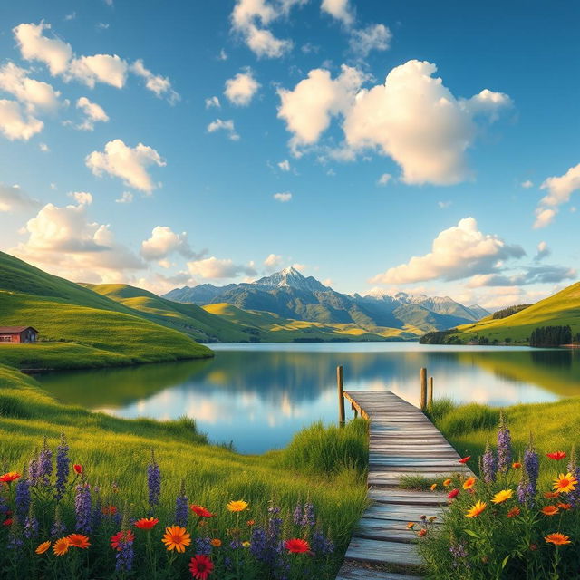 An artistic representation of a serene landscape, featuring rolling hills covered in lush green grass, a clear blue sky scattered with fluffy white clouds, and a tranquil lake reflecting the scenery