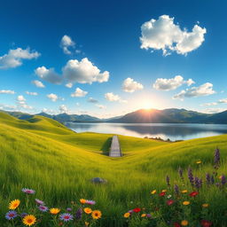 An artistic representation of a serene landscape, featuring rolling hills covered in lush green grass, a clear blue sky scattered with fluffy white clouds, and a tranquil lake reflecting the scenery