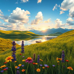 An artistic representation of a serene landscape, featuring rolling hills covered in lush green grass, a clear blue sky scattered with fluffy white clouds, and a tranquil lake reflecting the scenery